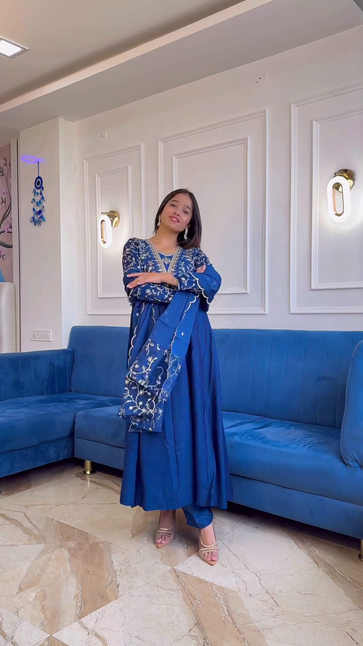 Elegant Beige and Blue Embroidered Suits: Traditional Charm with a Modern Twist, Perfect for Festive Occasions