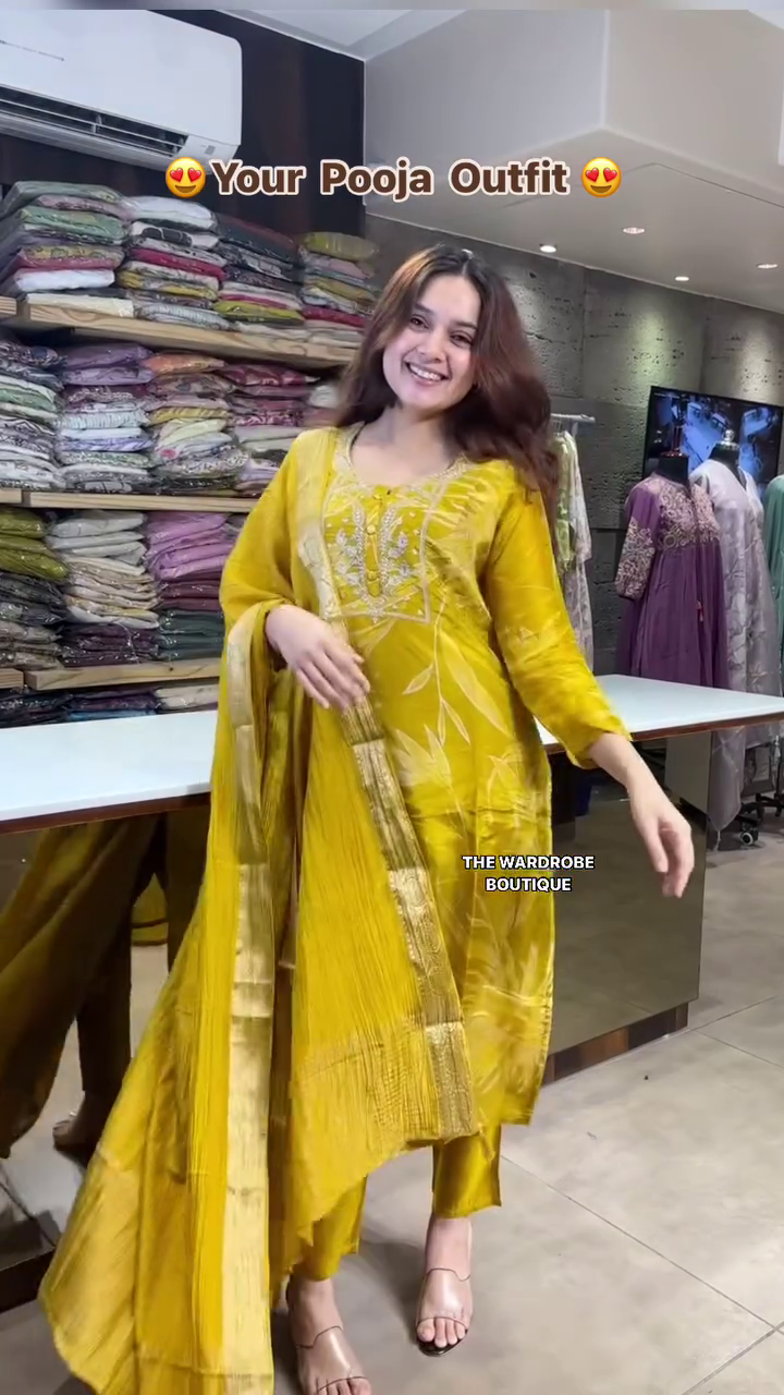 Yellow Ethnic Kurta Set with Intricate Embroidery, Rich Golden Detailing, Flowy Dupatta, and Straight Pants – Perfect Festive Wear for Pooja, Celebrations, and Traditional Occasions
