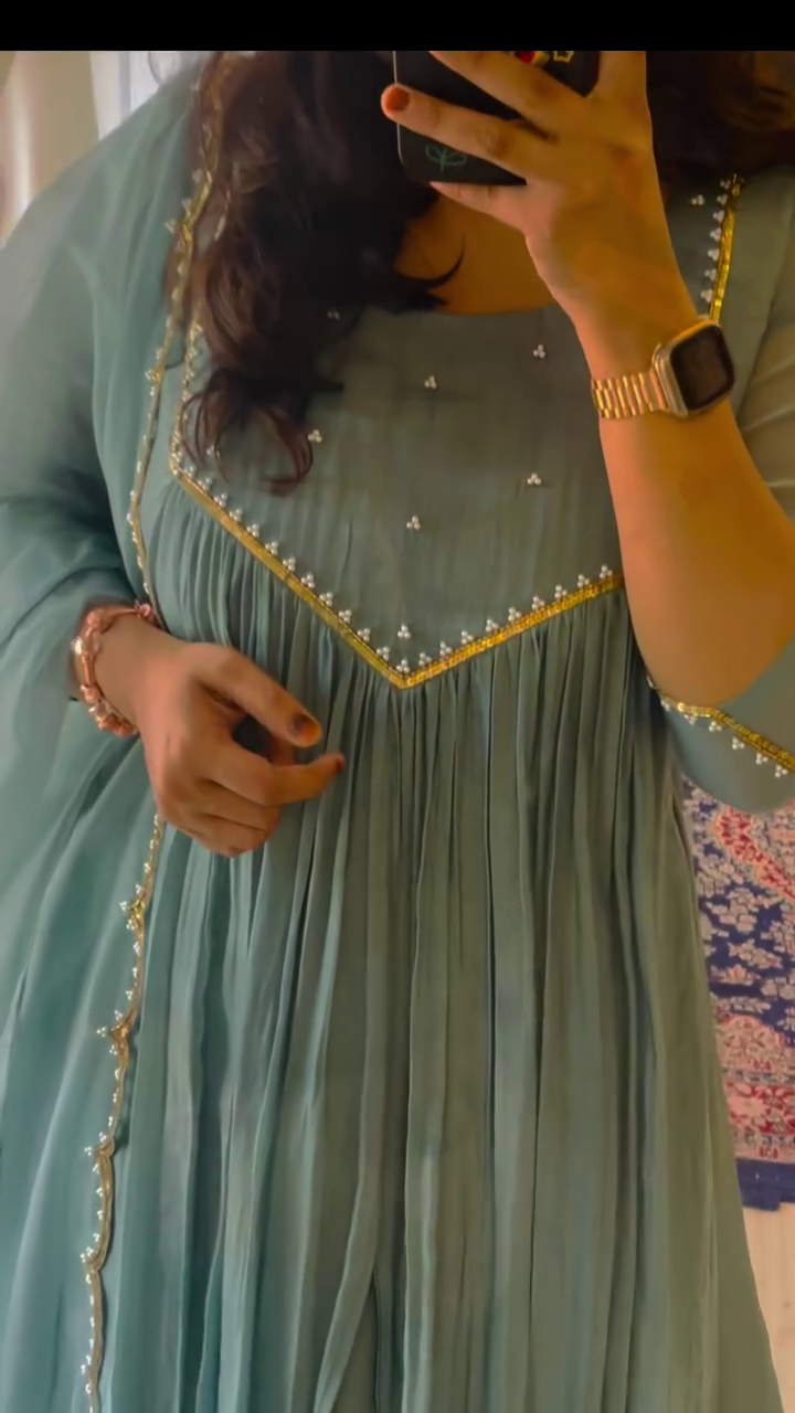 Pleated Mint Green Anarkali Dress with Beaded Embellishments and Sheer Flared Sleeves