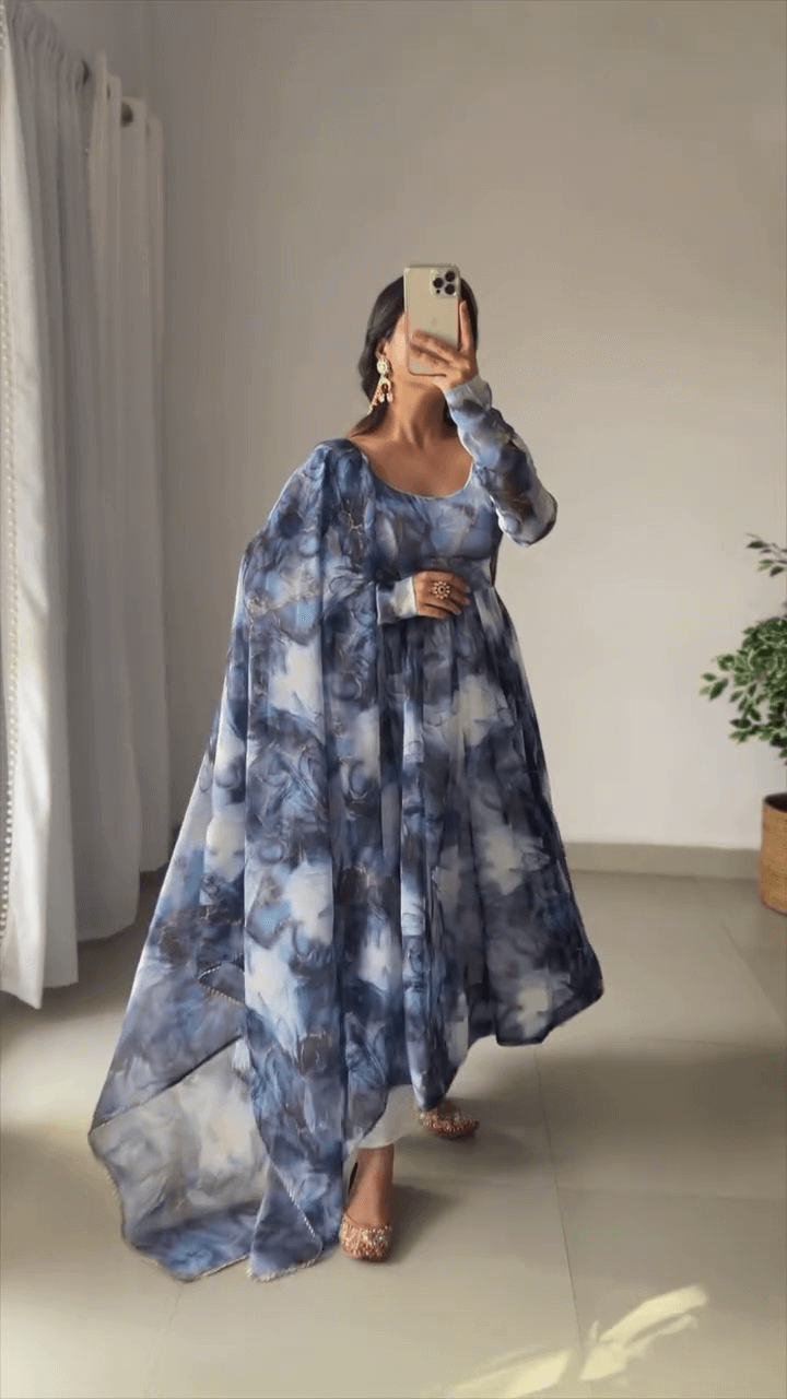 Blue Tie-Dye Anarkali Dress with Dupatta – Flowy Chiffon Formal Wear | Stylish Long Frock for Festive & Wedding Occasions