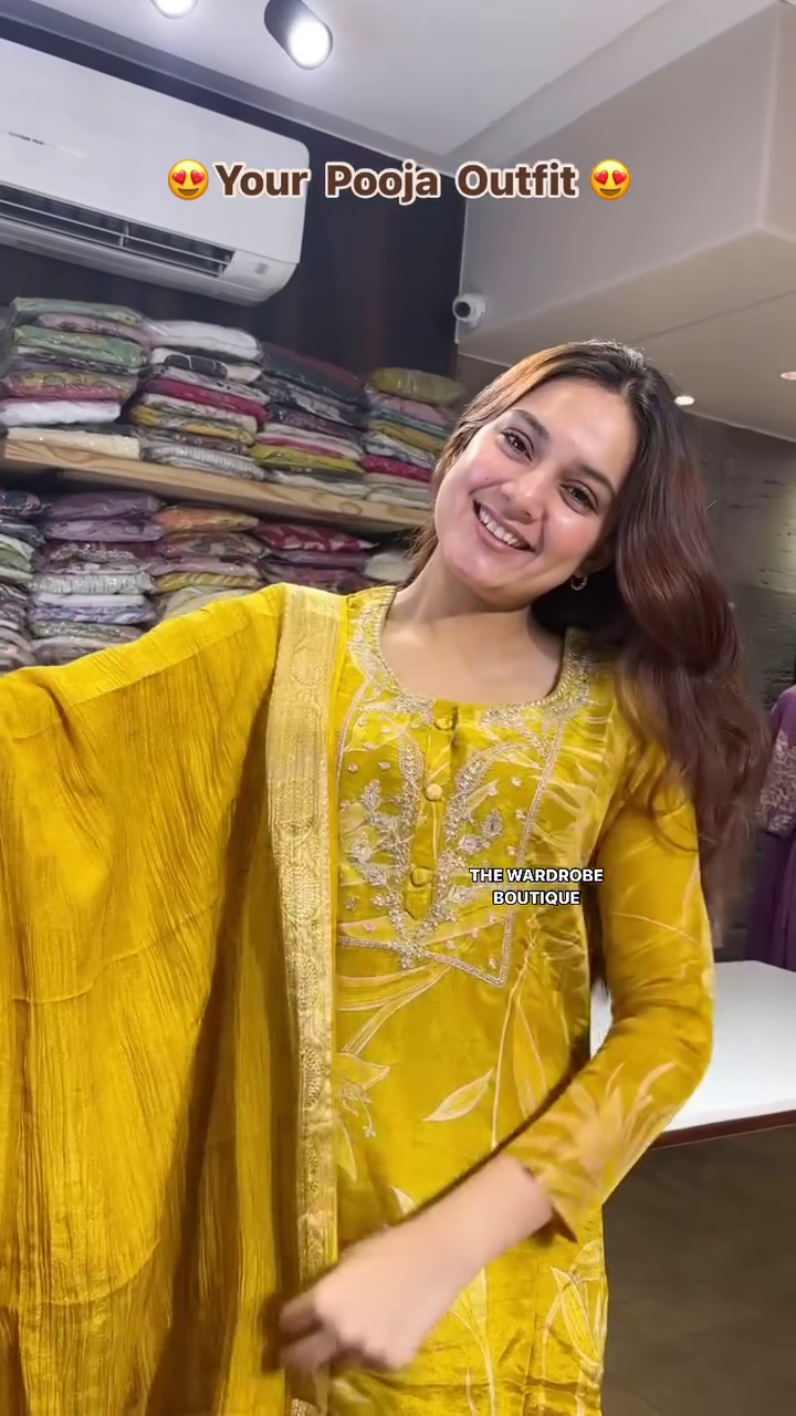 Yellow Ethnic Kurta Set with Intricate Embroidery, Rich Golden Detailing, Flowy Dupatta, and Straight Pants – Perfect Festive Wear for Pooja, Celebrations, and Traditional Occasions