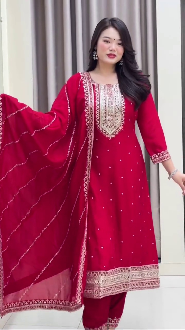 Elegant Red Anarkali with Intricate Gold Embroidery and a Sheer Dupatta, Perfect for Celebrations and Festive Occasions