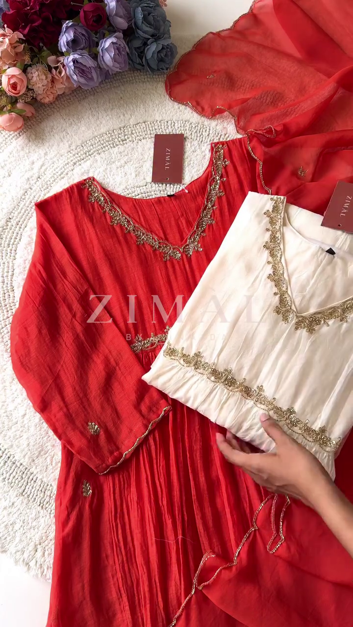Elegant Fuchsia Pink Pleated Kurta with Intricate Gold Embroidery and V-Neckline