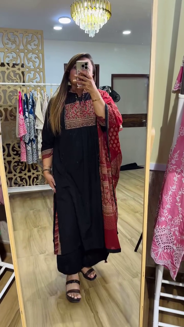 Elegant Black and Red Embroidered Kurta with Matching Dupatta and Traditional Print