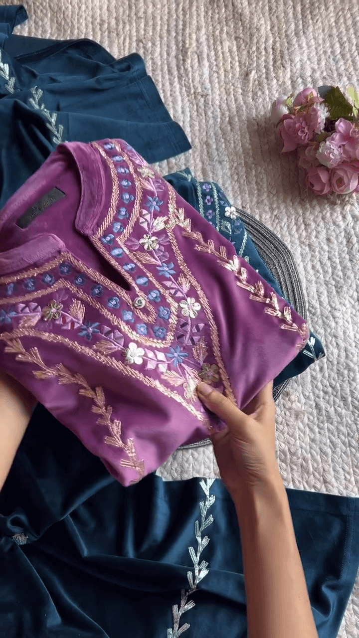 Hand-Embroidered Blue Kurta with Floral Neckline – 2 Shades Available | Elegant Everyday Wear for Women