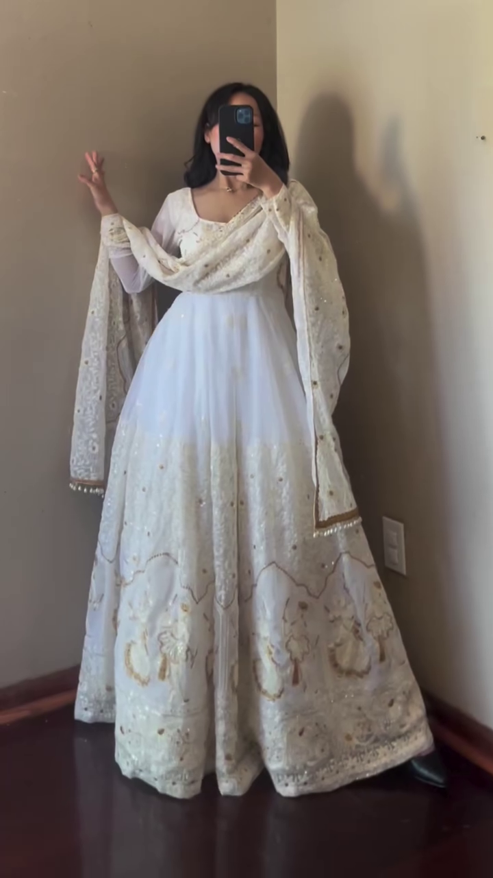 Elegant White Anarkali with Intricate Gold and Pearl Embroidery, Perfect for Weddings or Formal Festive Events