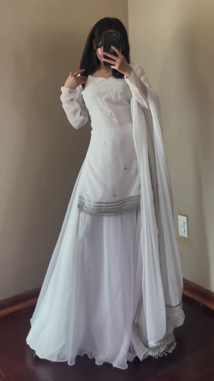 Elegant White Chiffon Anarkali Dress with Delicate Embellishments and Silver Detailing, Paired with a Flowing Dupatta for a Graceful Look