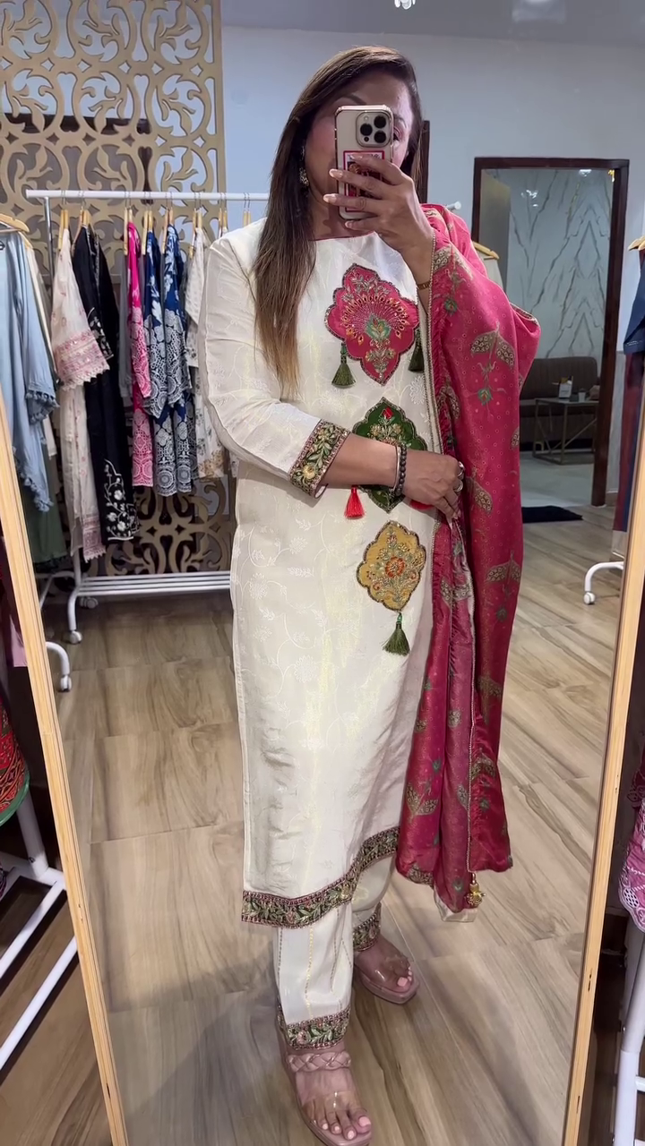 Elegant White Embroidered Kurta with Colorful Floral Tassel Motifs and Matching Dupatta