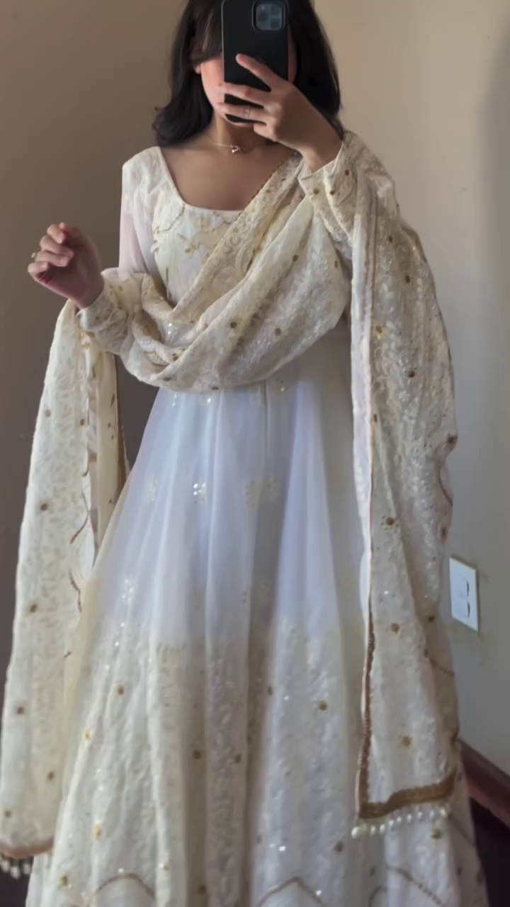 Elegant White Anarkali with Intricate Gold and Pearl Embroidery, Perfect for Weddings or Formal Festive Events