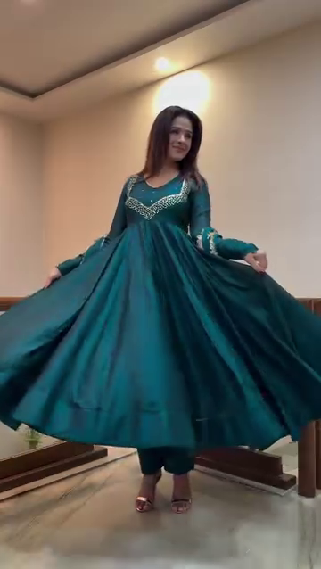 Beautiful Teal Long Anarkali Dress with Intricate Beaded Neckline and Flowing Skirt – Perfect for Formal and Festive Events