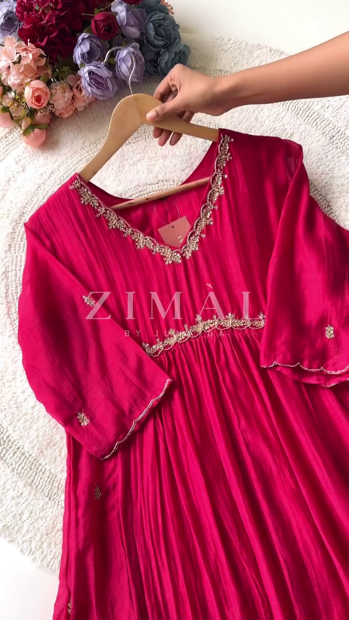Elegant Fuchsia Pink Pleated Kurta with Intricate Gold Embroidery and V-Neckline