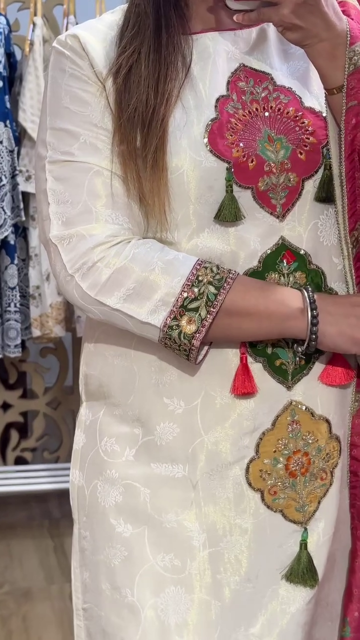 Elegant White Embroidered Kurta with Colorful Floral Tassel Motifs and Matching Dupatta