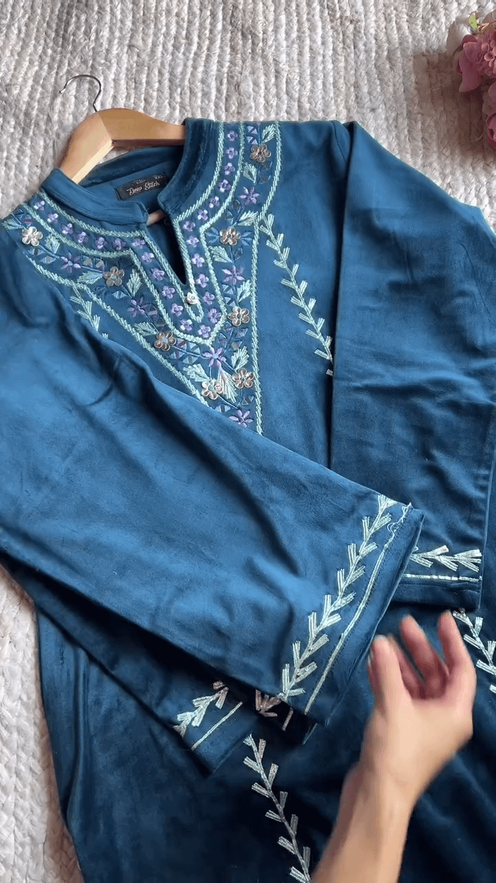 Hand-Embroidered Blue Kurta with Floral Neckline – 2 Shades Available | Elegant Everyday Wear for Women