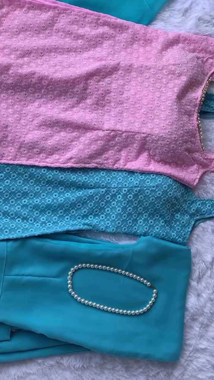 Charming Pink and Blue Embroidered Kurta Set with Coordinated Pants and Pearl Detailing for a Fresh, Elegant Look