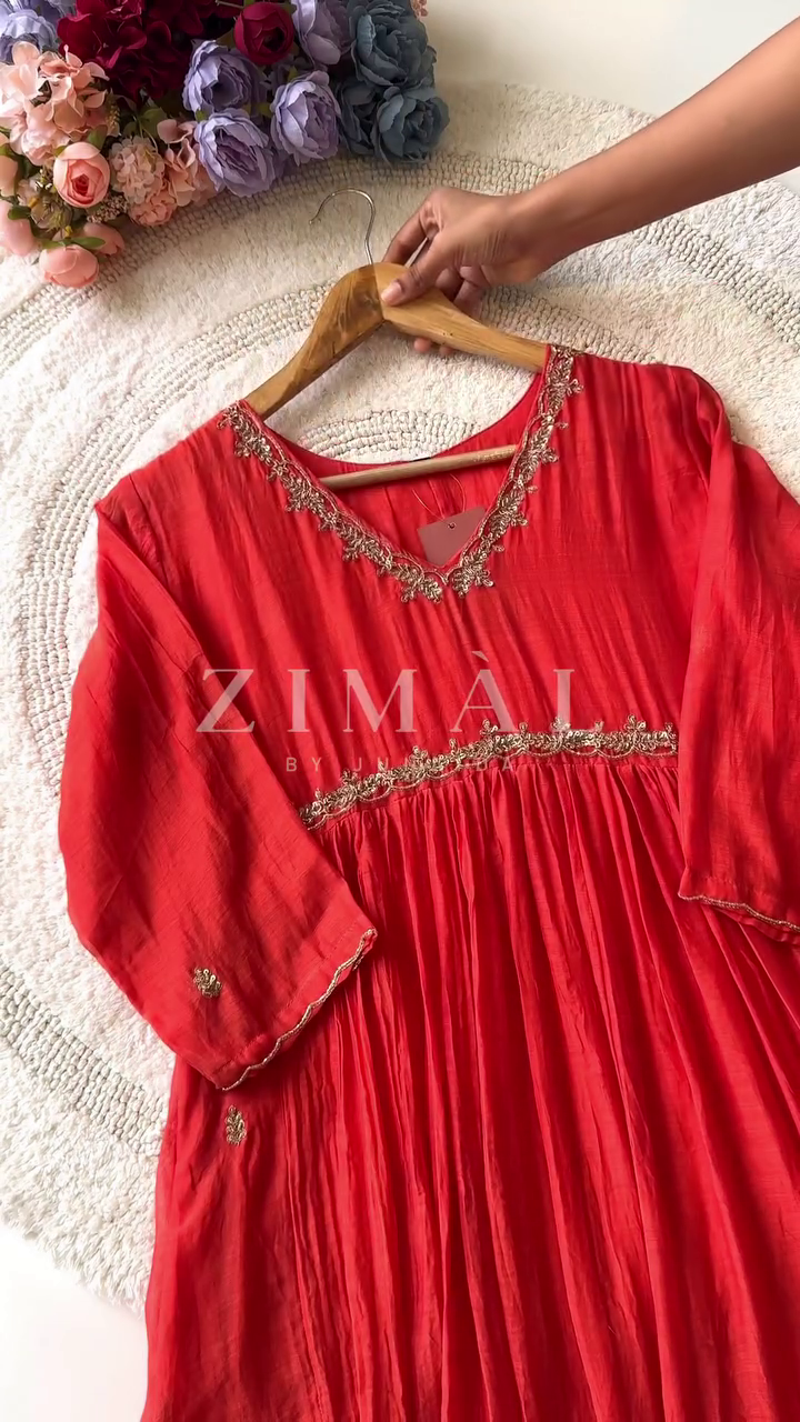 Elegant Fuchsia Pink Pleated Kurta with Intricate Gold Embroidery and V-Neckline