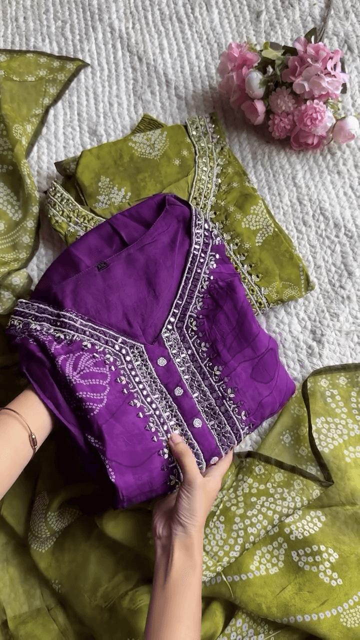 Olive Green Bandhani Suit with Intricate Mirror Work – Sleeveless Summer Chic