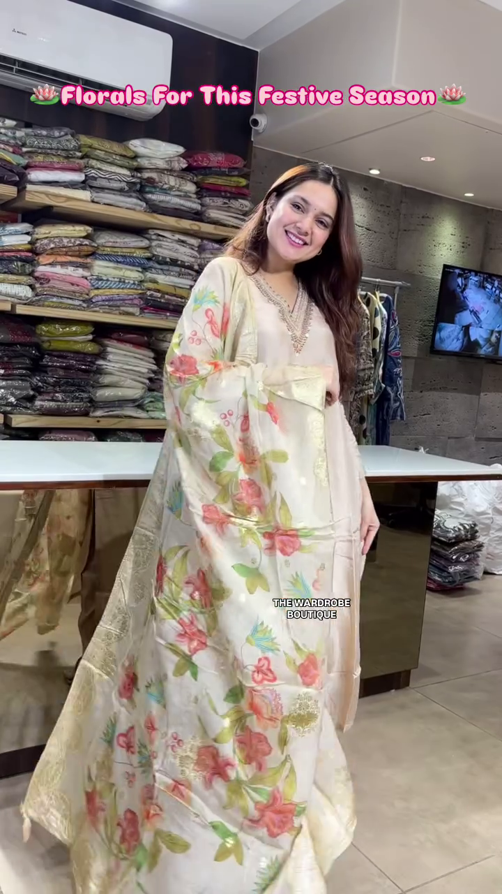 Chic Beige Ethnic Kurta Set with Elegant Floral-Printed Silk Dupatta Featuring Golden Zari Borders and Subtle Embellishments – Perfect for Festive Celebrations, Traditional Gatherings, and Special Occasions