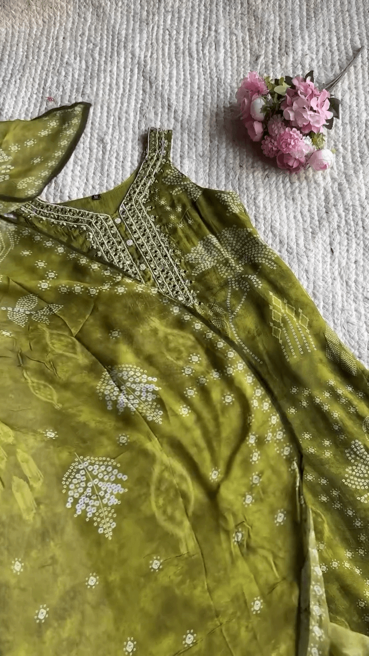 Olive Green Bandhani Suit with Intricate Mirror Work – Sleeveless Summer Chic