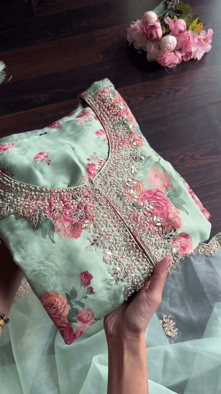Pastel Green Floral Suit with Hand Embellished Neckline & Dupatta – Timeless Elegance in Rose Print