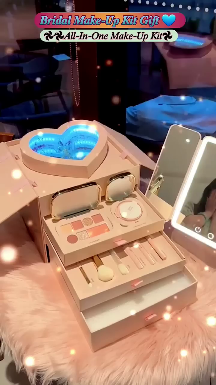 Luxury Bridal Makeup Kit with LED Heart Mirror, Complete All-In-One Cosmetics, Brushes, and Storage for Perfect Wedding Glam
