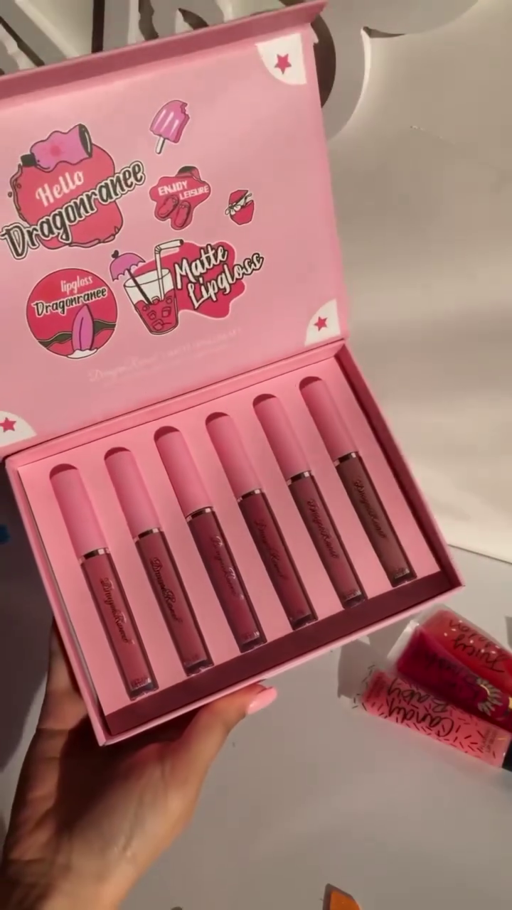 ello Dragonranee Matte Lip Gloss Set – 6 Shades in Cute Pink Packaging