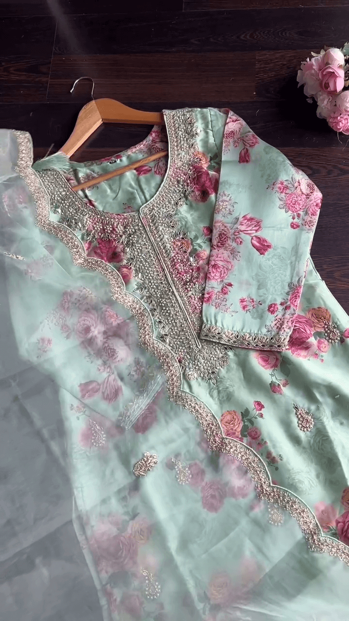 Pastel Green Floral Suit with Hand Embellished Neckline & Dupatta – Timeless Elegance in Rose Print