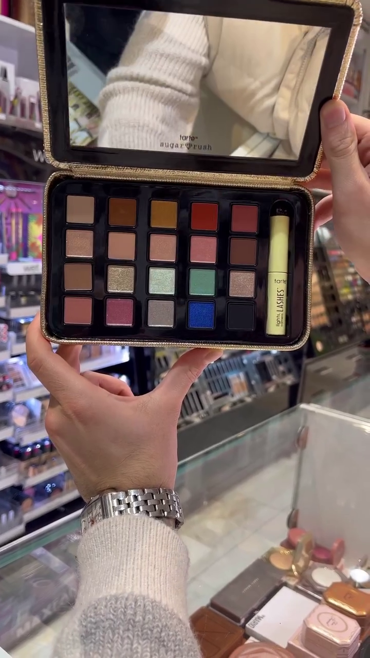 ChatGPT said: A vibrant eyeshadow palette featuring a mix of matte, shimmer, and bold metallic shades, along with a mascara for added eye definition. Perfect for creating versatile eye-catching looks.