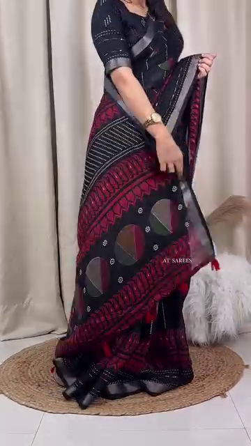 Elegant Black Saree with Red and Gold Polka Accents, Intricate Thread Detailing, and Rich Geometric Border – A Perfect Fusion of Contemporary Flair and Traditional Elegance for Festive and Evening Wear