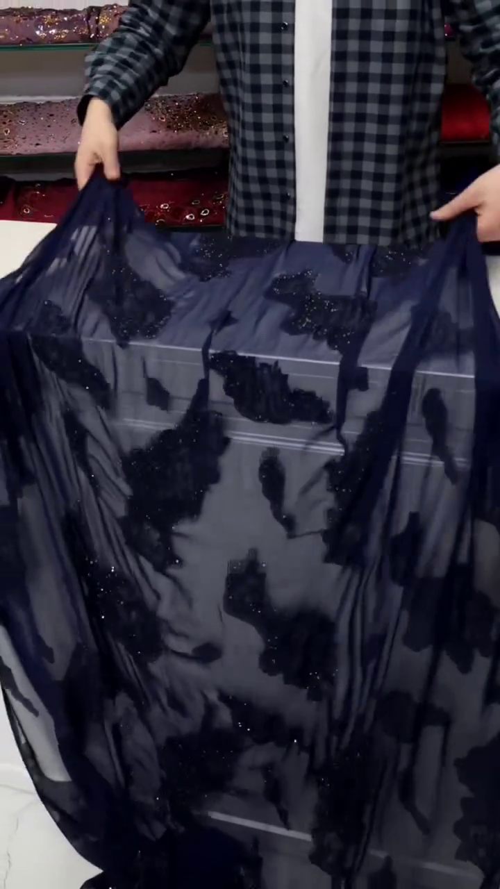 Midnight Blue Sheer Organza Saree with Glitter Floral Appliqué – Elegant & Ethereal Party Wear
