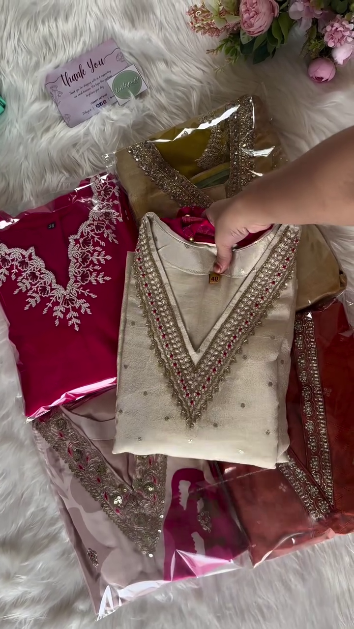 Elegant Embroidered Kurta Sets in Rich Jewel Tones and Subtle Neutrals – Featuring Intricate Neckline Detailing, Bead and Sequin Embellishments, and Festive-Ready Finishes for Ethnic Gatherings, Celebrations & Gifting