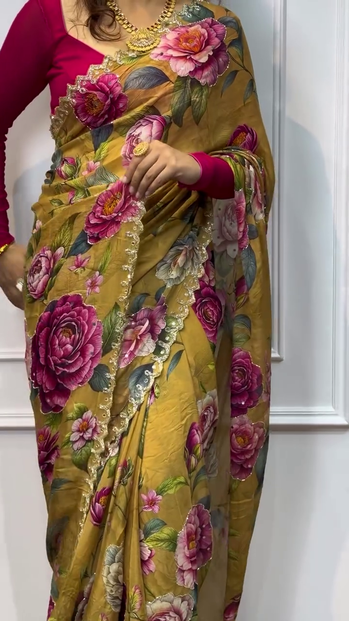 Mustard Yellow Floral Printed Organza Saree with Pearl and Sequin Embellished Border – Elegant Festive Drape