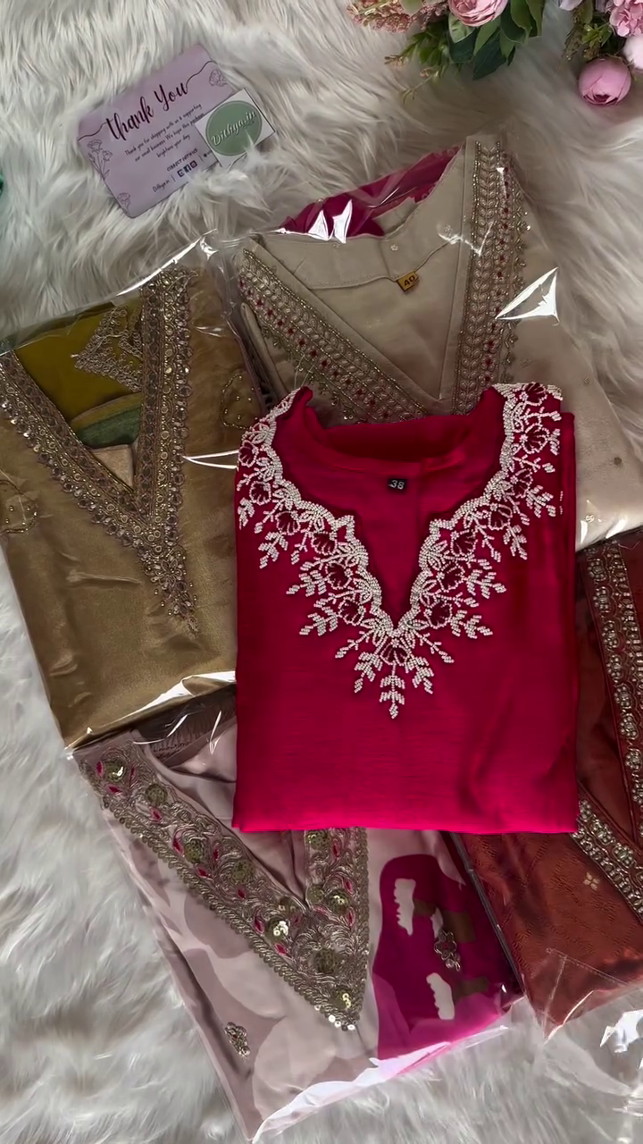 Elegant Embroidered Kurta Sets in Rich Jewel Tones and Subtle Neutrals – Featuring Intricate Neckline Detailing, Bead and Sequin Embellishments, and Festive-Ready Finishes for Ethnic Gatherings, Celebrations & Gifting