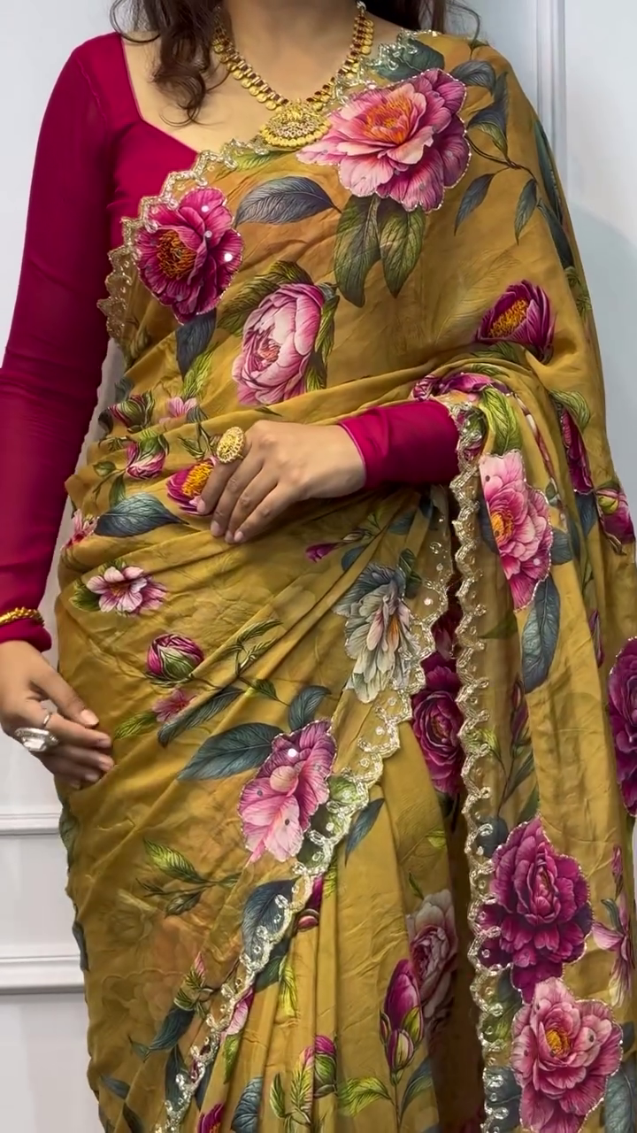 Mustard Yellow Floral Printed Organza Saree with Pearl and Sequin Embellished Border – Elegant Festive Drape