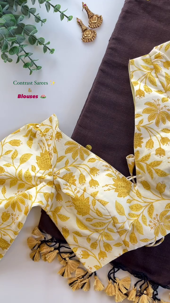 Contrast Saree & Blouse Sets Featuring Stylish Prints, Ruffles, and Tassel Details – Perfect for Festive and Ethnic Wear.