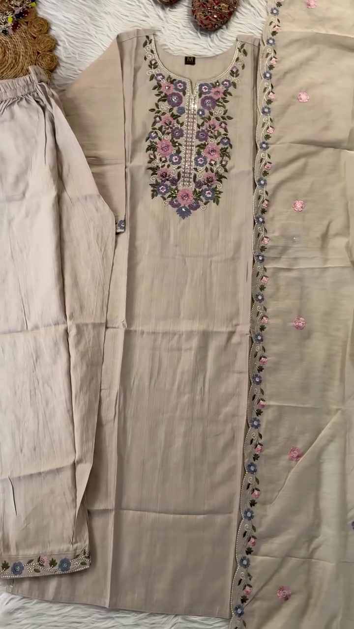 Elegant Beige Embroidered Kurti Set with Floral Detailing, Complemented by a Matching Scarf and Trouser – Perfect for Festive and Formal Occasions