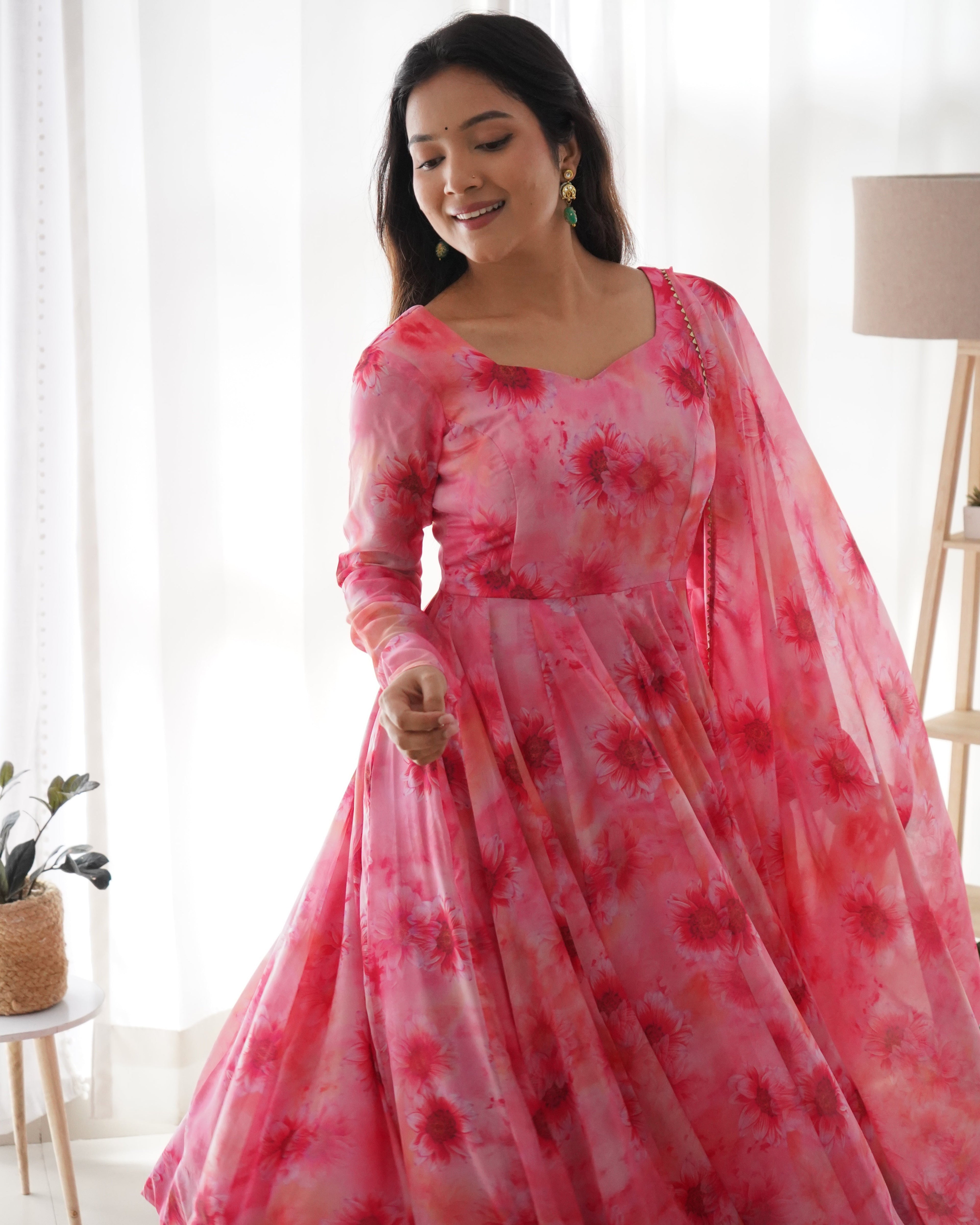 Organza Silk Reception Salwar Kameez In Pink And Majenta With Printed Work