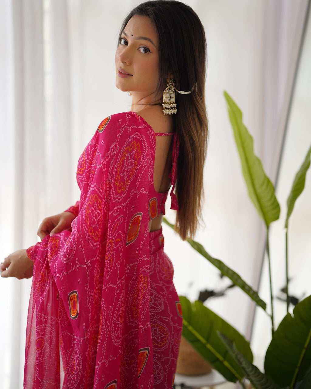 Pink Ready To Wear Predrapped Lightweight Chiffon Fabric Saree
