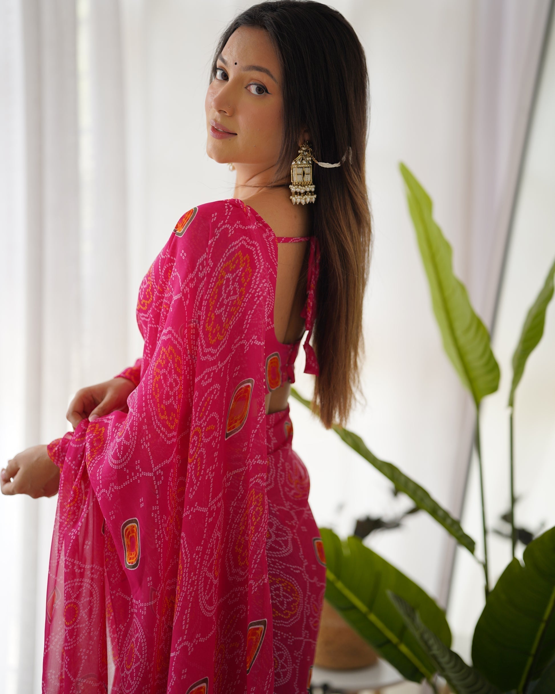 Pink Ready To Wear Predrapped Lightweight Chiffon Fabric Saree