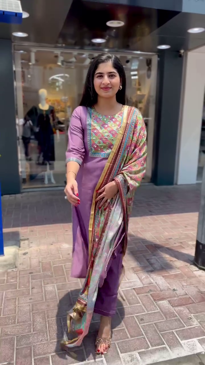 Lavender Straight-Cut Suit with Multicolor Mirror Work Yoke and Dual-Tone Dupatta – Elegant Festive Ensemble