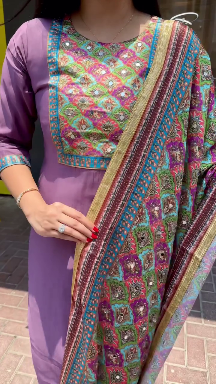 Lavender Straight-Cut Suit with Multicolor Mirror Work Yoke and Dual-Tone Dupatta – Elegant Festive Ensemble