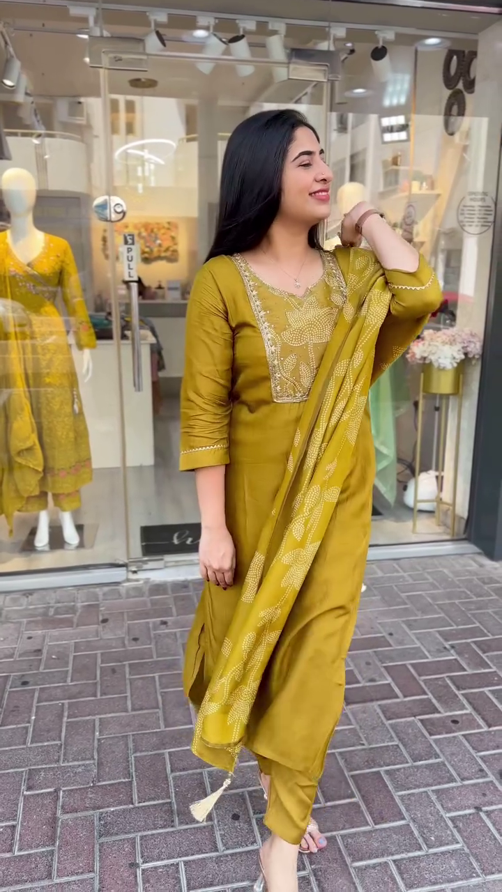 Mustard Yellow Cotton Suit Set with Embroidered Neckline and Floral Print Dupatta – Graceful Everyday Ethnic Wear