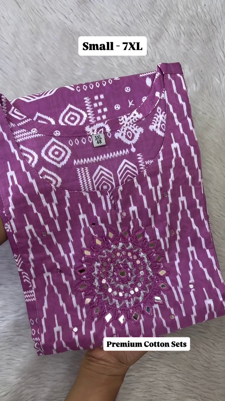 "Premium Cotton Embroidered Kurta Set with Beautiful Mirror Work and Geometric Prints, Available in Blue and Pink, Sizes Small to 7XL