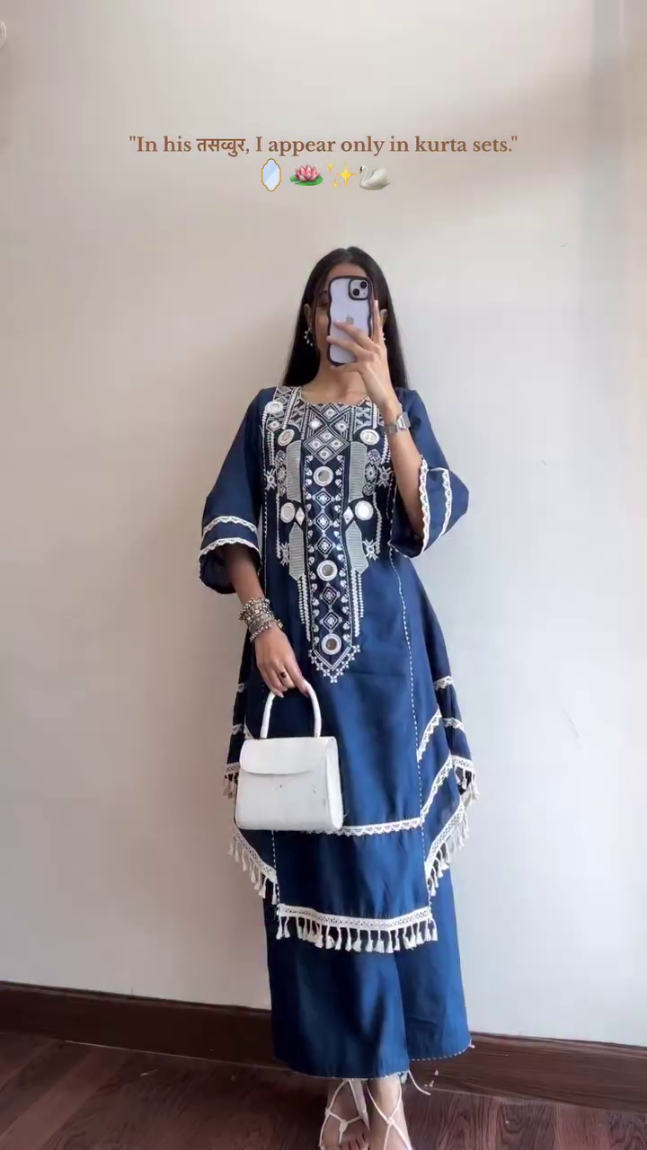 Blue Kurta Set with Intricate White Embroidery – Traditional Yet Trendy with Fringe Details"