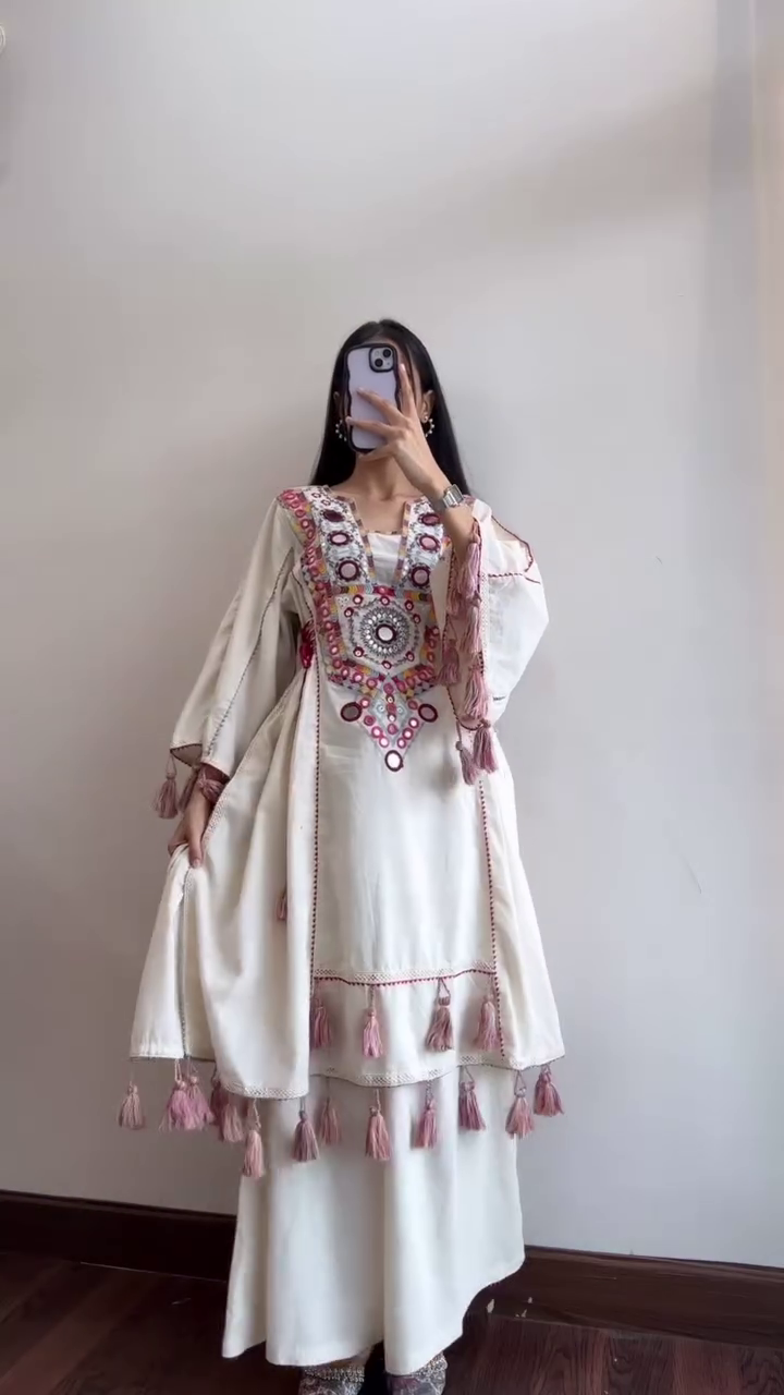 Blue Kurta Set with Intricate White Embroidery – Traditional Yet Trendy with Fringe Details"