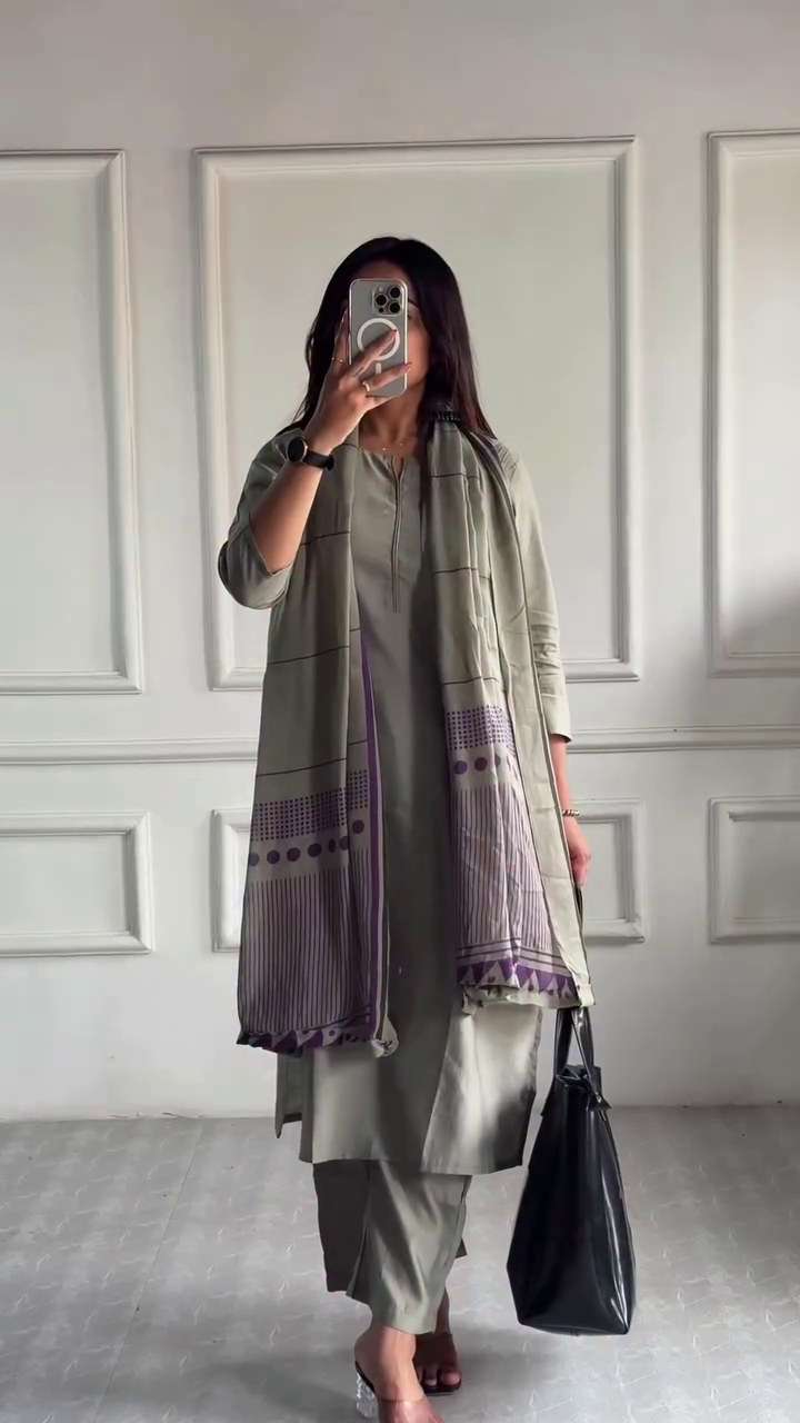 Chic Blue Cotton Kurti Set – Relaxed Fit with Pleated Beige Dupatta and Matching Pants for a Comfortable, Stylish Look