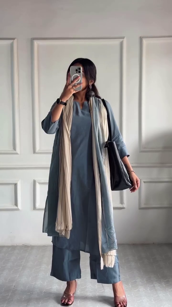 Chic Blue Cotton Kurti Set – Relaxed Fit with Pleated Beige Dupatta and Matching Pants for a Comfortable, Stylish Look