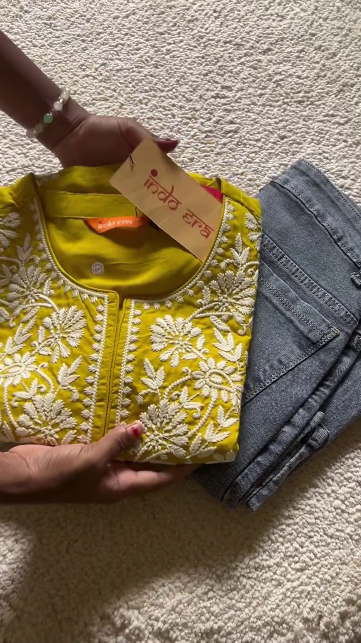 Vibrant Yellow Embroidered Kurta with Stylish Denim Bottoms, Casual and Trendy Wear for Everyday Comfort