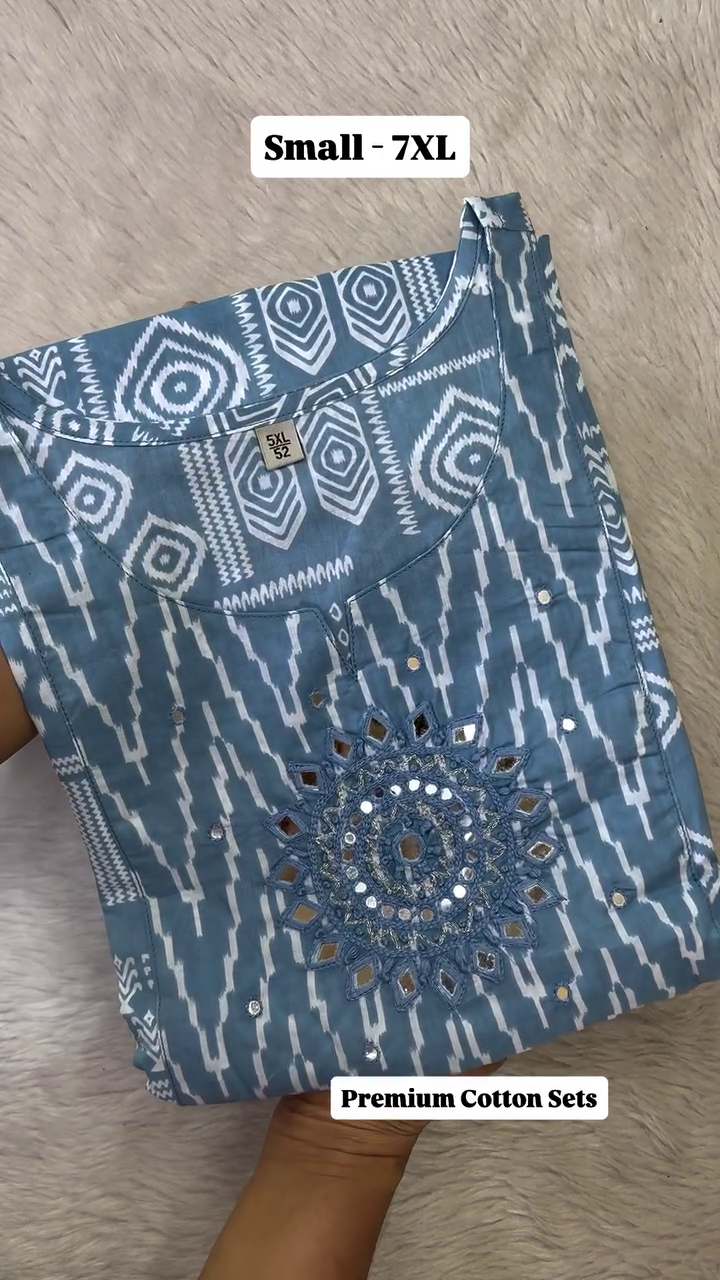 "Premium Cotton Embroidered Kurta Set with Beautiful Mirror Work and Geometric Prints, Available in Blue and Pink, Sizes Small to 7XL