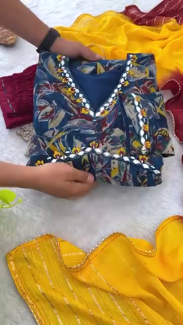 Elegant Floral-Printed Blue Kurti Set with Mirror Work Detailing, Paired with Maroon Bottoms and Contrasting Yellow Dupatta – Perfect for Festive and Ethnic Occasions
