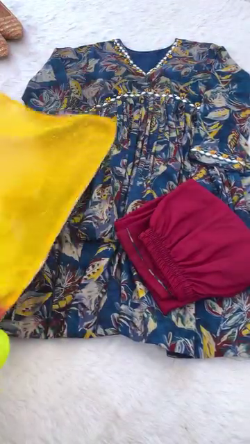 Elegant Floral-Printed Blue Kurti Set with Mirror Work Detailing, Paired with Maroon Bottoms and Contrasting Yellow Dupatta – Perfect for Festive and Ethnic Occasions